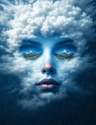 The primary subject of the image is a woman's face, which is depicted in a surreal and dreamy manner. The setting is a cloudy sky, and the visual style is a combination of photo and digital art. The colors and mood of the image are predominantly blue and serene, creating a sense of tranquility and wonder.